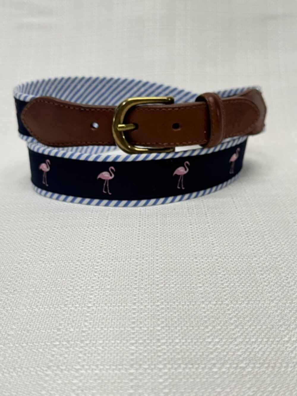 Brooks Brothers Flamingo Embroidered Canvas Leather Belt Navy  Stripe Mens 36 - Picture 4 of 7